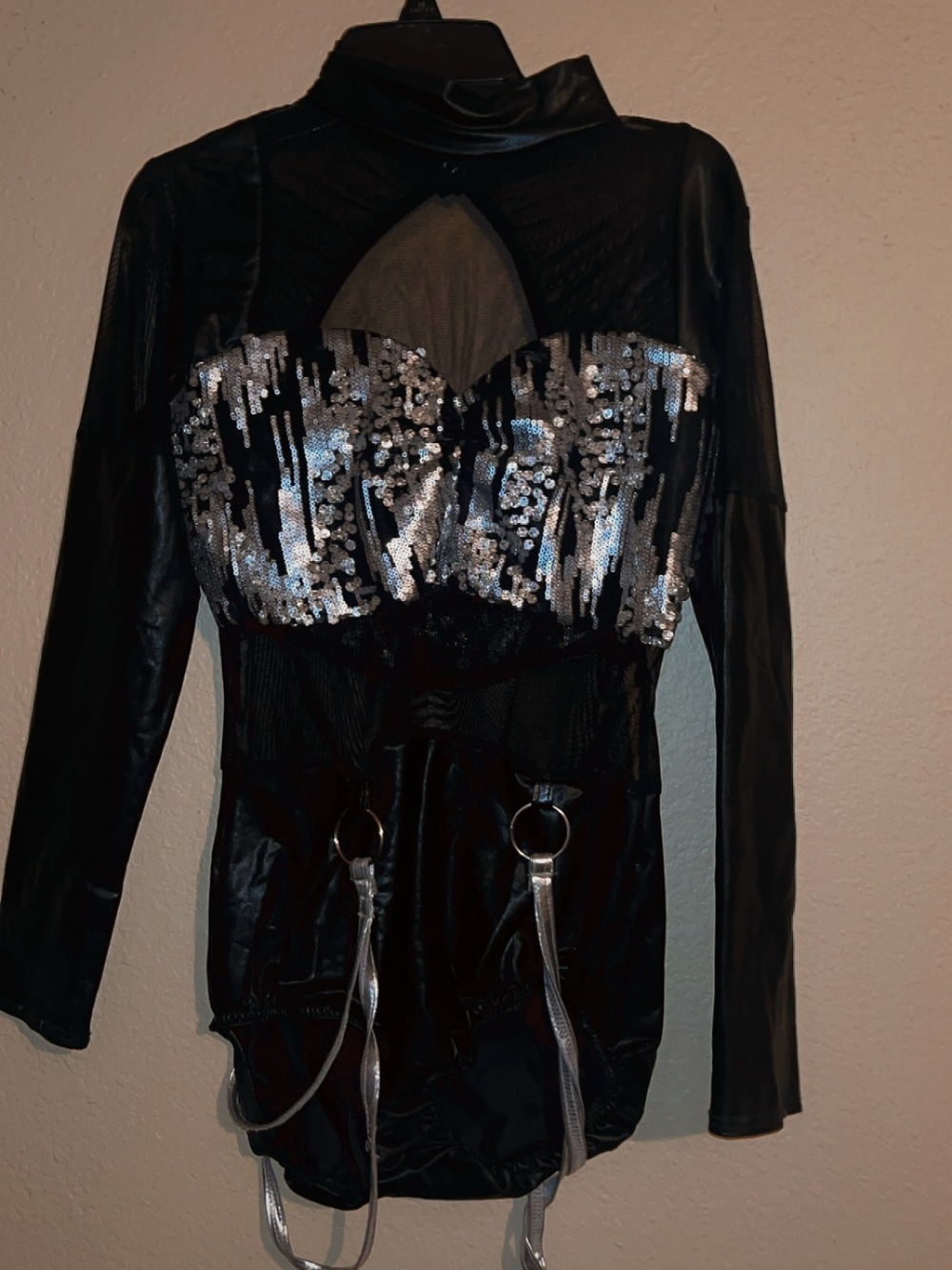 Black Sequin-Front Long Sleeve Bodysuit